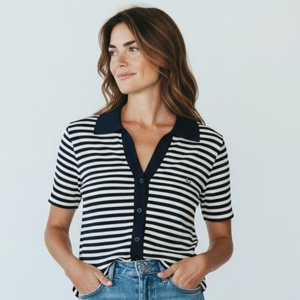 Top Polo ESCADA M 10-12 Short sleeve Navy Metallic Gold Stripe Blouse Luxury